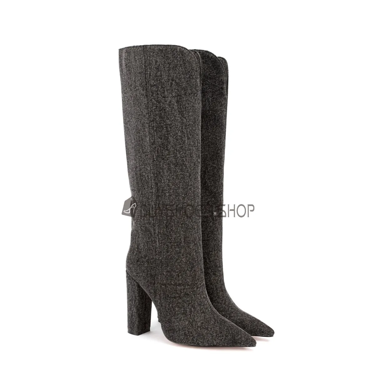A Talon 10 cm Bottes Mi Mollet Fourrées Noir Talon Carré Classique Jeans Vintage Hiver