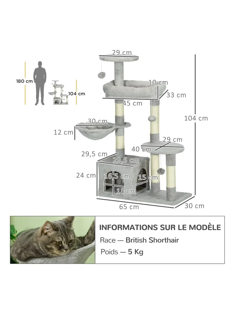 Arbre à chat griffoirs niche plateformes jeux boules gris - Gris