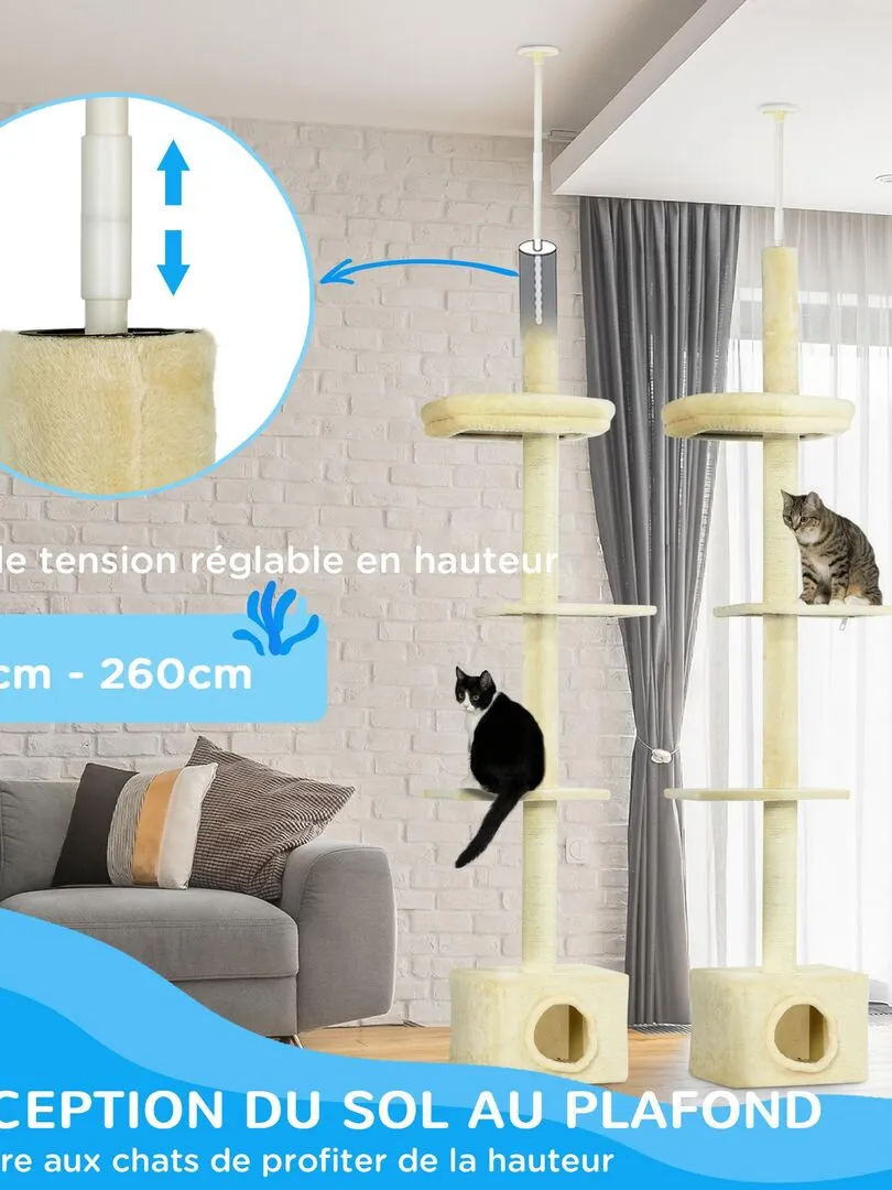 Arbre à chat hauteur réglable 230-260 cm - niche, 3 plateformes - peluche beige - Beige