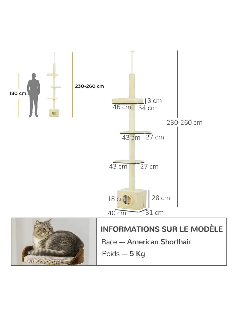 Arbre à chat hauteur réglable 230-260 cm - niche, 3 plateformes - peluche beige - Beige