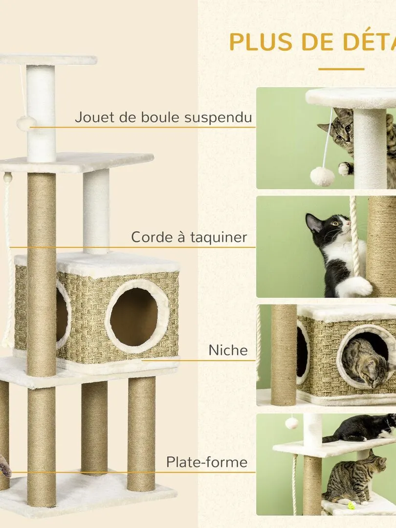 Arbre à chat style cosy chic sisal naturel peluche courte cordes d'algues tressées - Beige