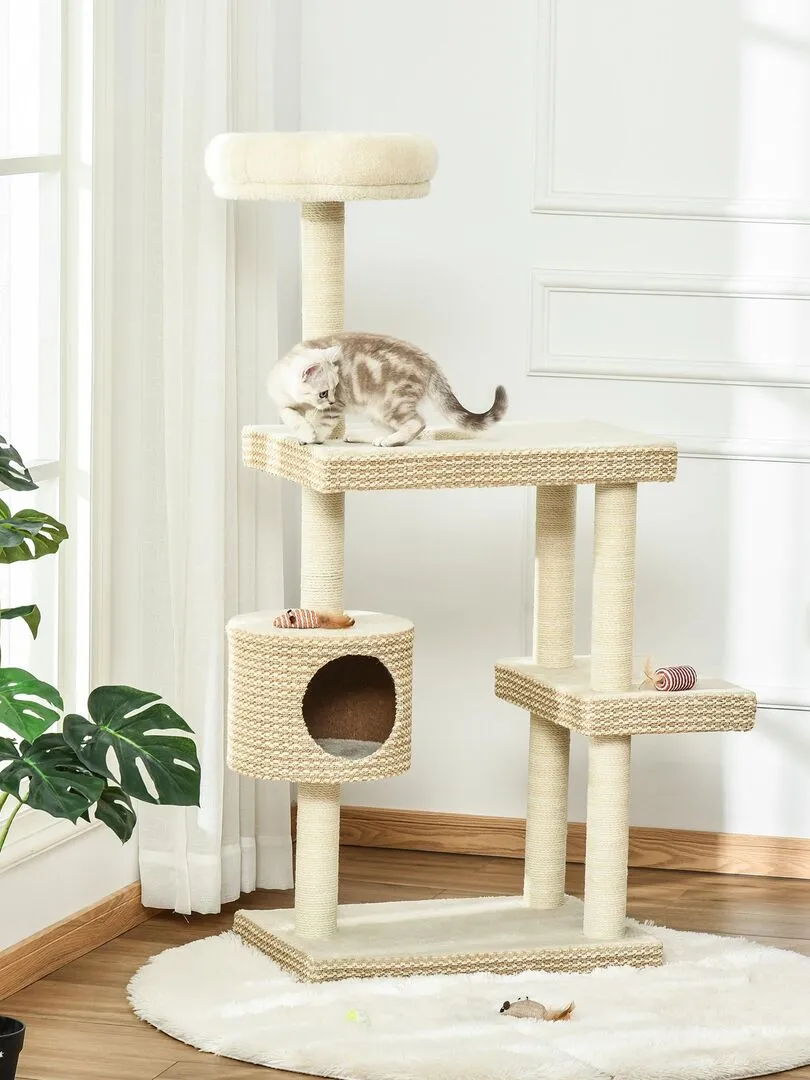 Arbre à chats style cosy chic griffoirs niche plateformes beige café - Beige