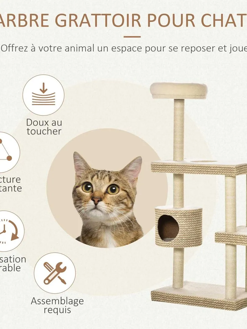 Arbre à chats style cosy chic griffoirs niche plateformes beige café - Beige