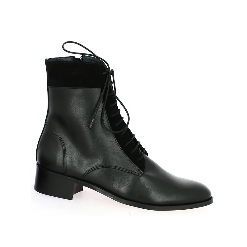 Boots plate à lacets tout cuir et velours noir Ophélie