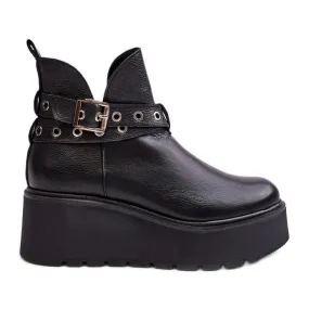 Bottes Femme En Cuir Sur Plateforme Compensée Avec Bretelles Zazoo 1752 Noir le noir