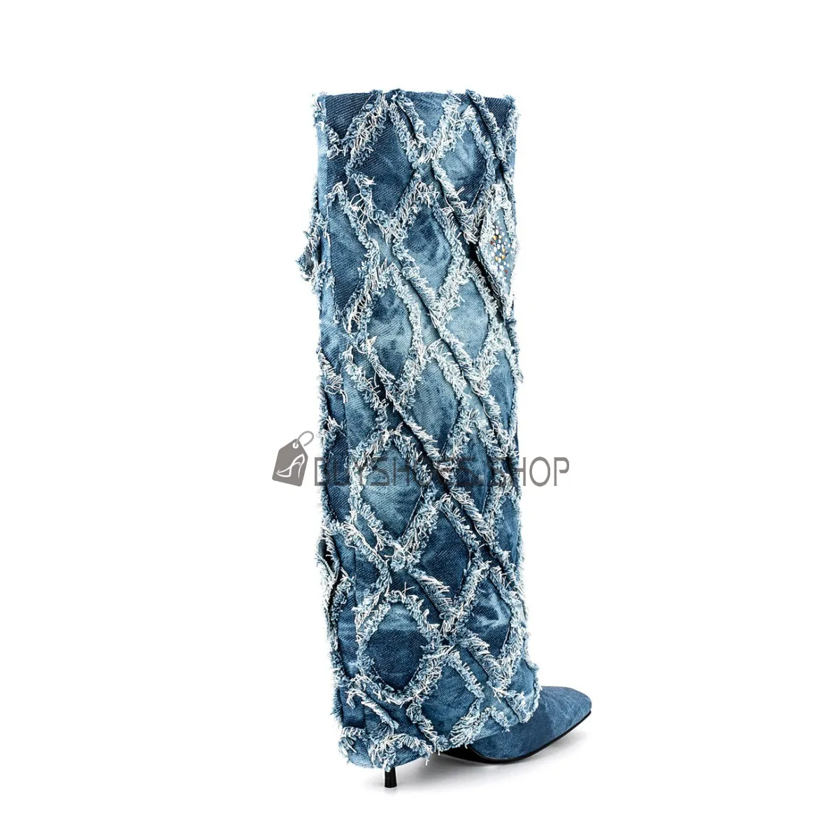 Bottes Hautes Talons Aiguilles Frange Fourrées Replié À Talon Bottes Genoux Strass Degrade De Couleur Denim
