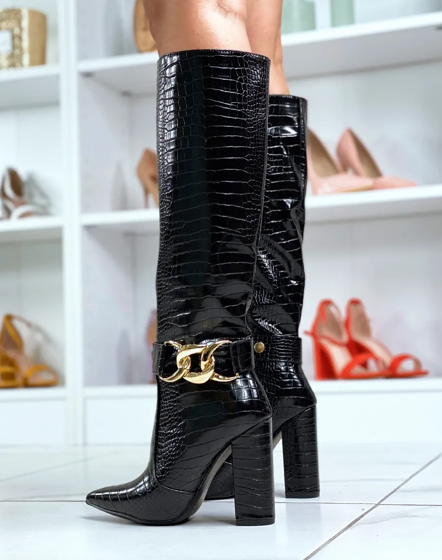 Bottes pointues effet croco noires à talon