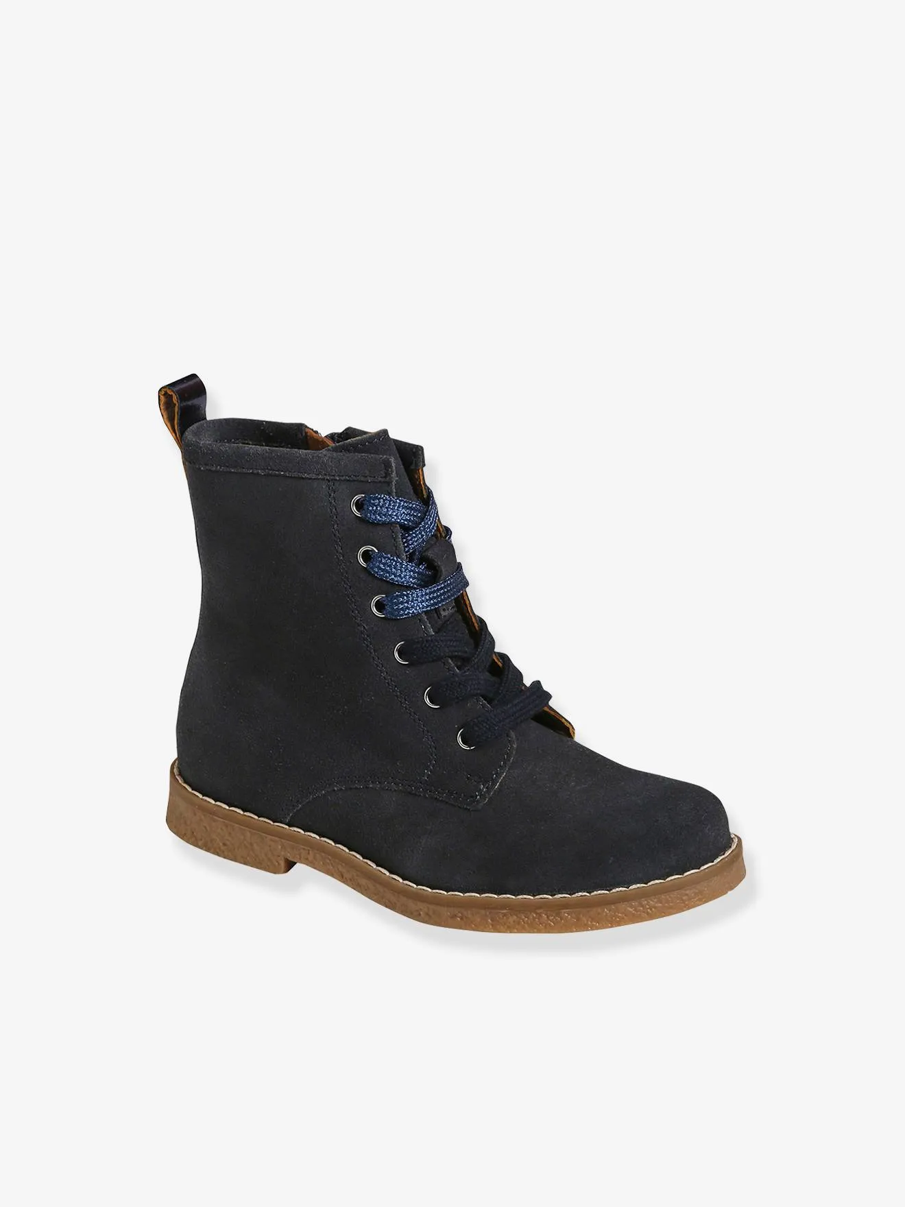 Bottines cuir fille à lacets + glissière bleu marine - Vertbaudet