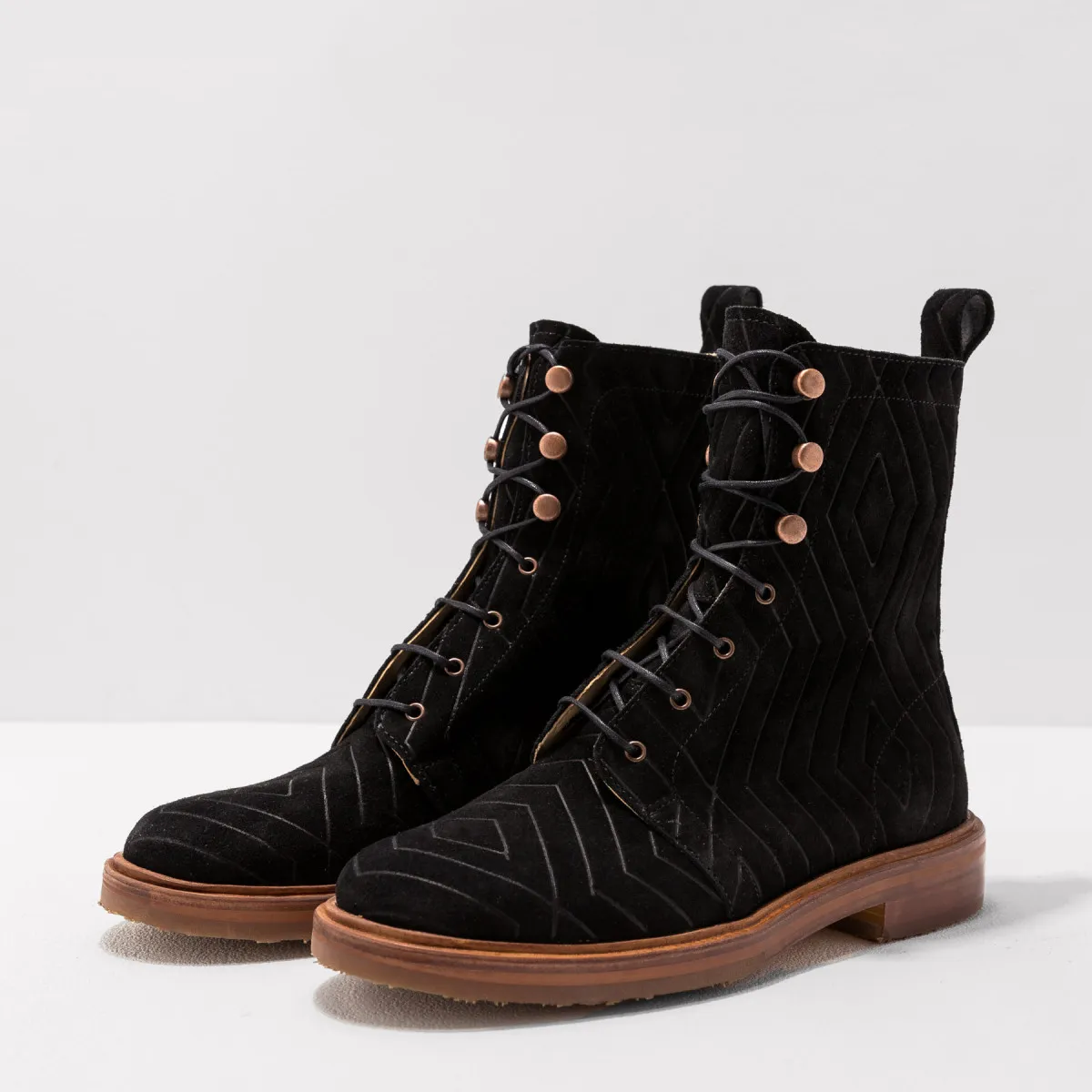 Bottines à lacets en cuir suédé fantaisie - Noir