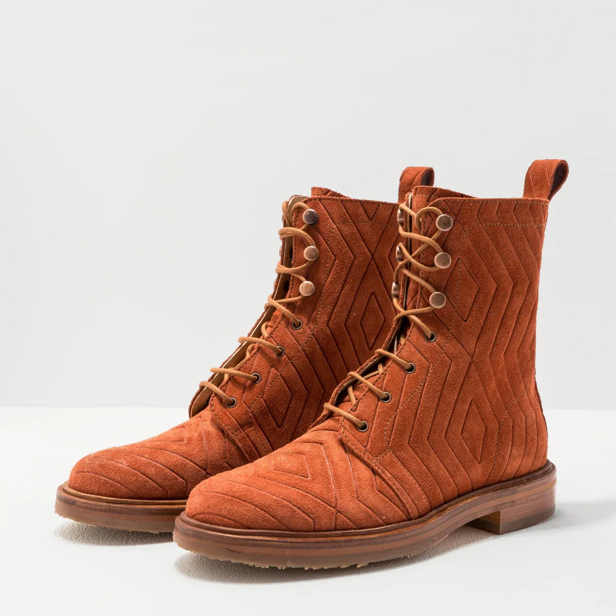 Bottines à lacets en cuir suédé fantaisie - Rouille