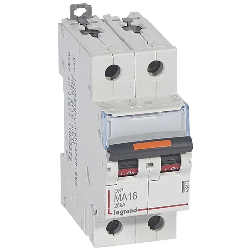 Disjoncteur magnétique seul DX MA 25kA arrivée haute et départ bas à vis 2P 230V~ à 400V~ 16A 2 modules (409872)