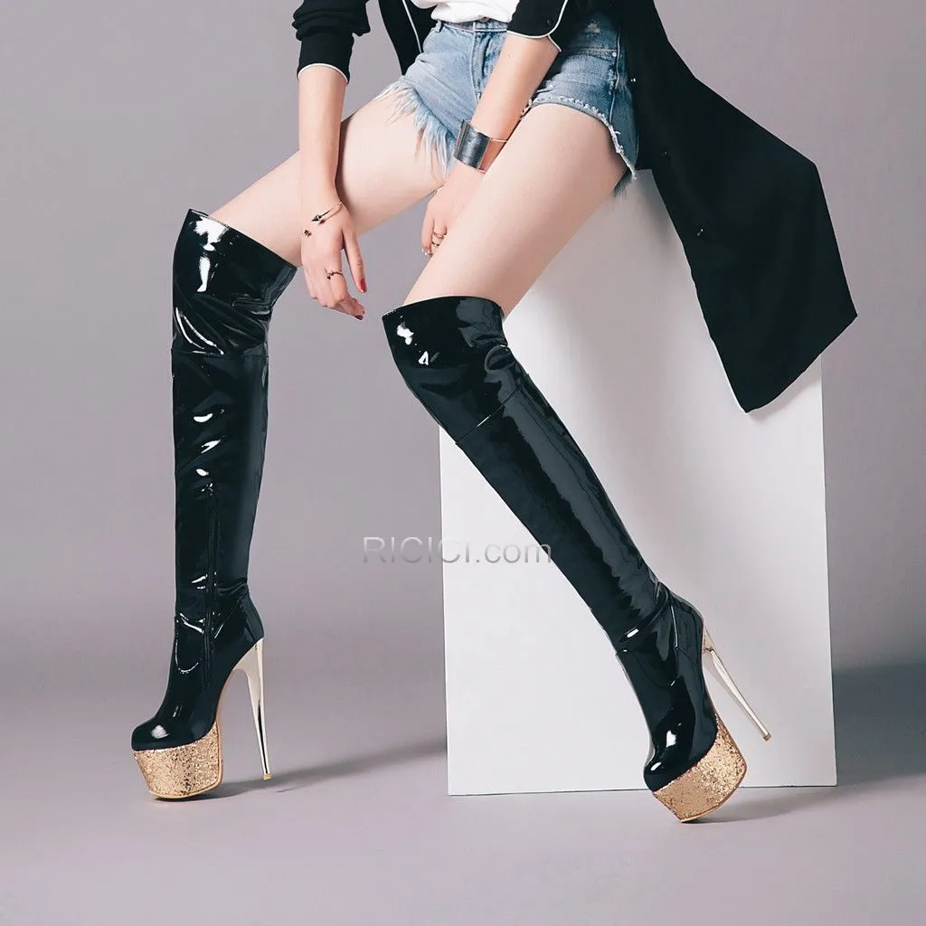 Fourrées Bottes Haute Plateforme Bottes Cuissardes Talons Aiguilles Brillante Plus de 13 cm Glitter Noir Talon Haut