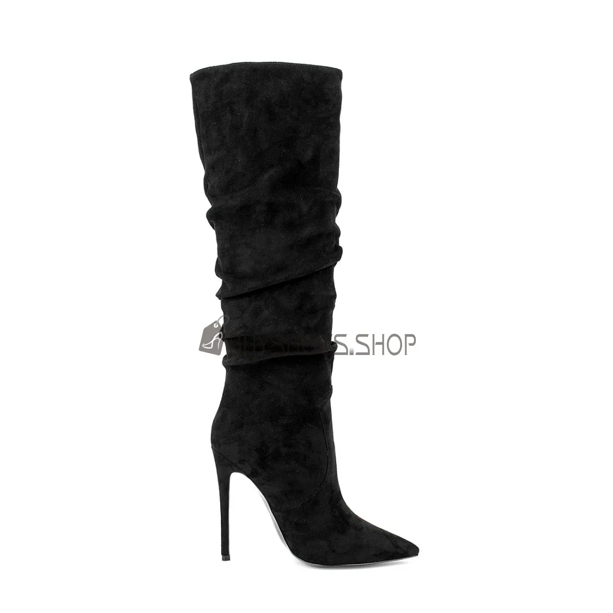 Fourrées Rétro Noir Knee Boots Bottes Hautes À Talon Aiguilles Plissées Tombantes Slip On
