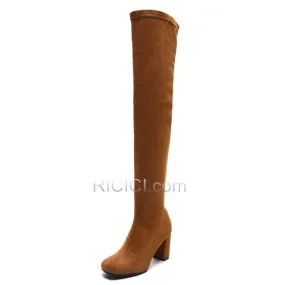 Fourrées Talons Carrés Cuir 8 cm / 3 inch Bottes Suède Cuissardes Rond Marron