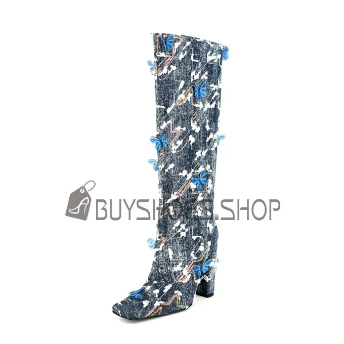 Jeans Habillé Bottes Genoux Bottes Haute Talon Epais Fourrées A Talon Papillon Brodé Talon Carré