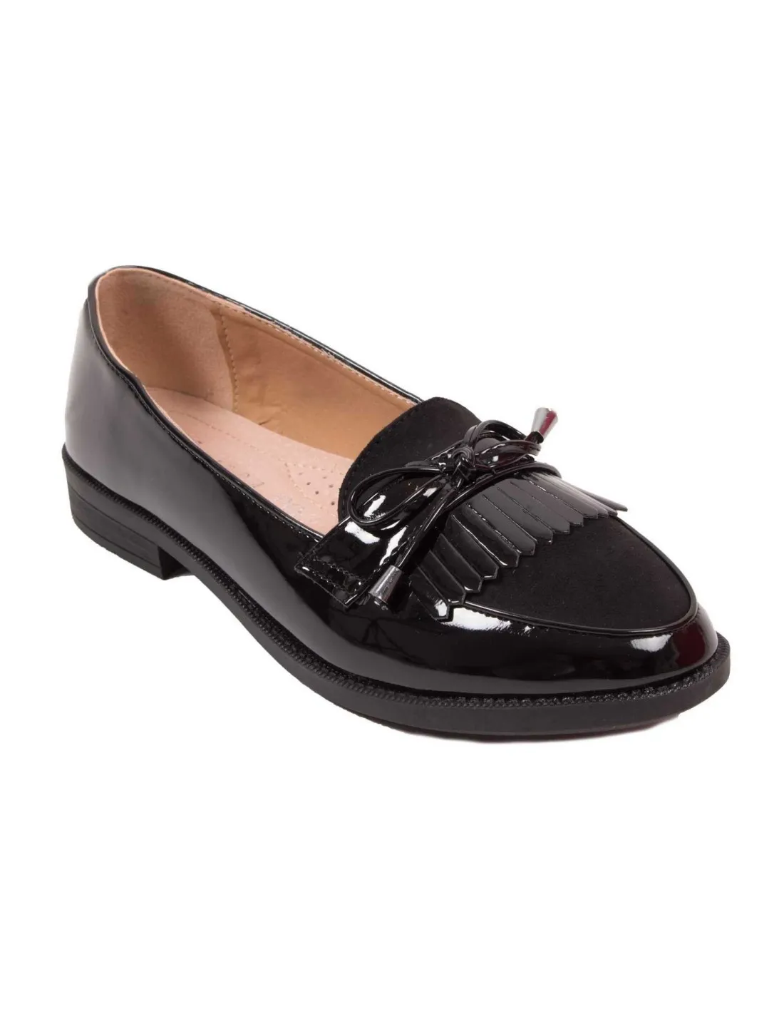 Mocassins confort femme bouts pointus à franges ou fantaisies strass bi-matière semelle cuir