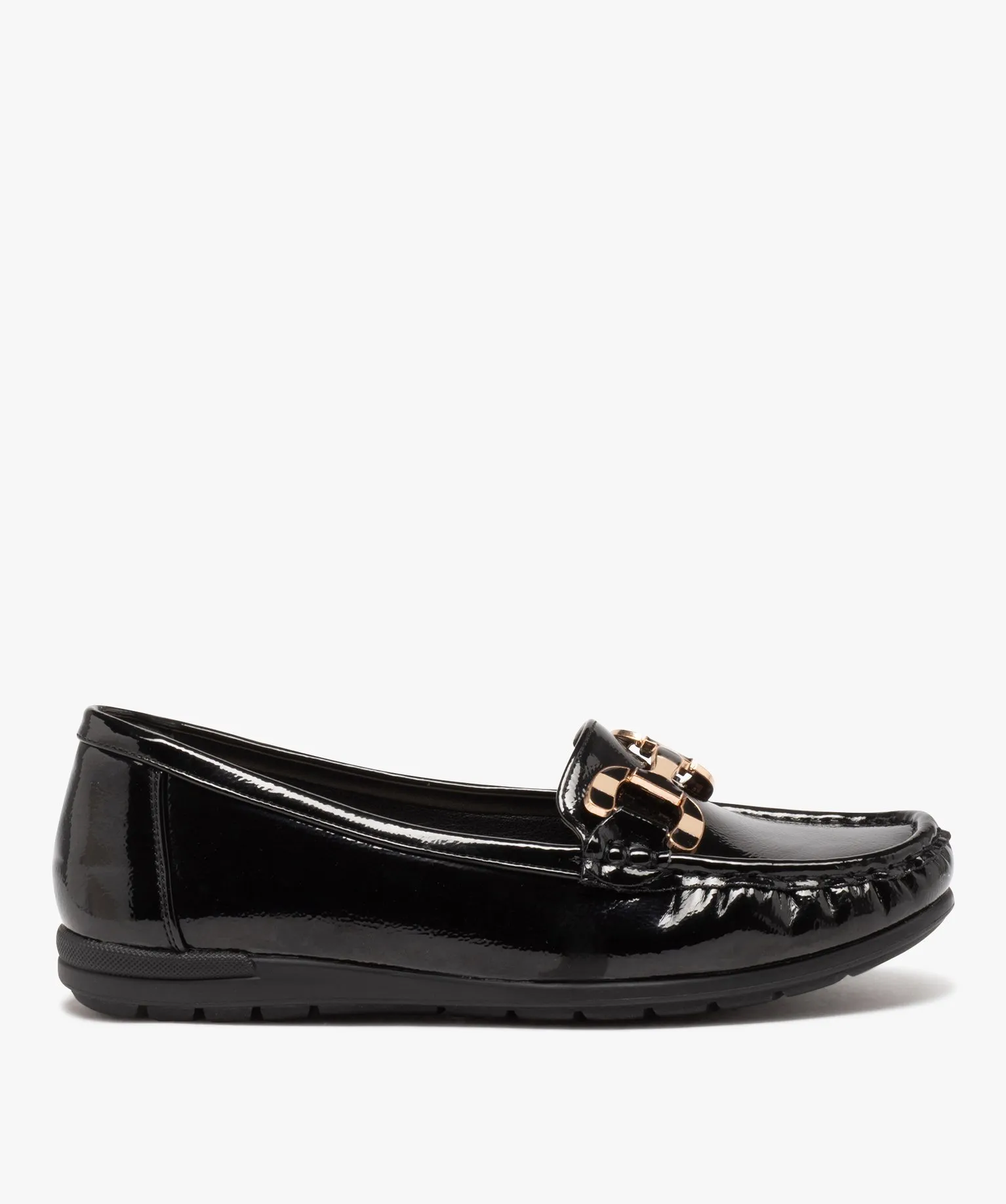 mocassins confort femme dessus verni avec barrette metallique noir mocassins