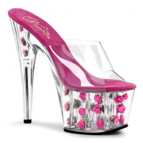 Mule plateforme plexi remplie de roses et tige transparente | Chaussure Pole dance