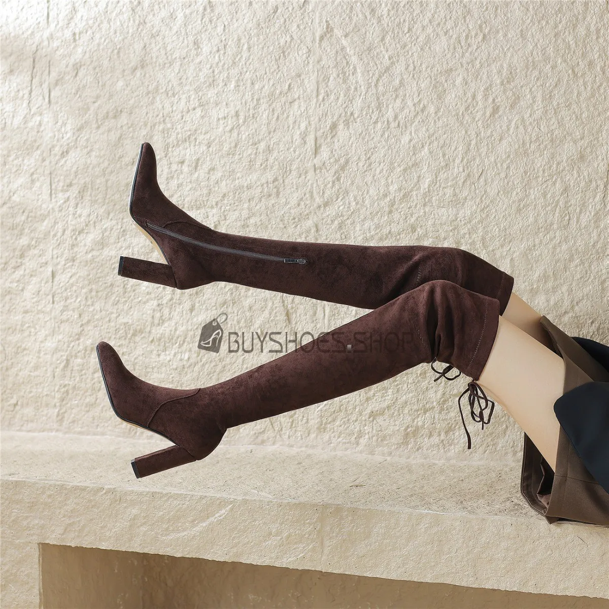 Originale Suède Talons Carrés Classique Fermeture Éclair Talons Epais Bottes Hautes Chaussettes Cuissardes Talons Hauts D hiver 