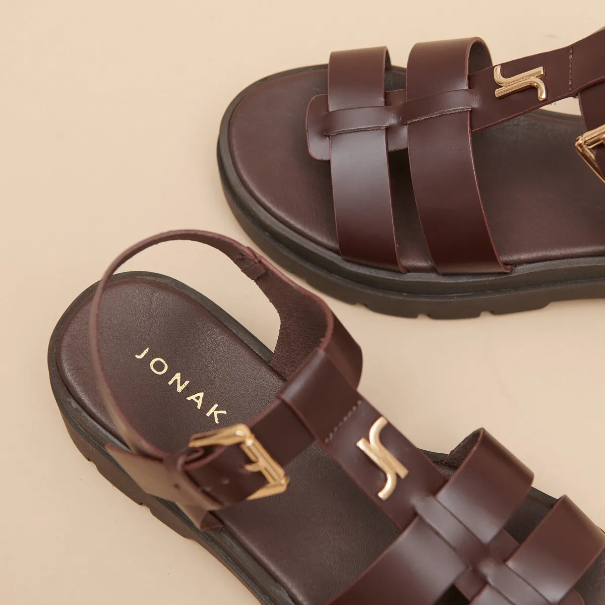 Sandales à plateformes et monogrammes en cuir marron pour Femme | Jonak