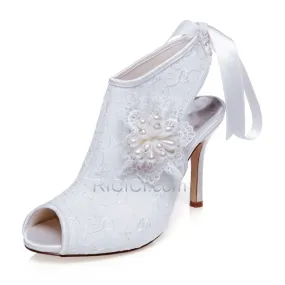 Vintage Chaussure De Mariée Bottines Talons Hauts Dentelle Satin Peep Toes Blanche Talons Aiguilles