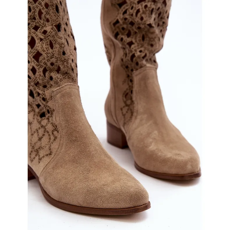 Zazoo 3403 Bottines Ajourées Sur Talons Bas Femme Beige Clair