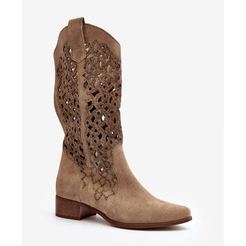 Zazoo 3403 Bottines Ajourées Sur Talons Bas Femme Beige Clair