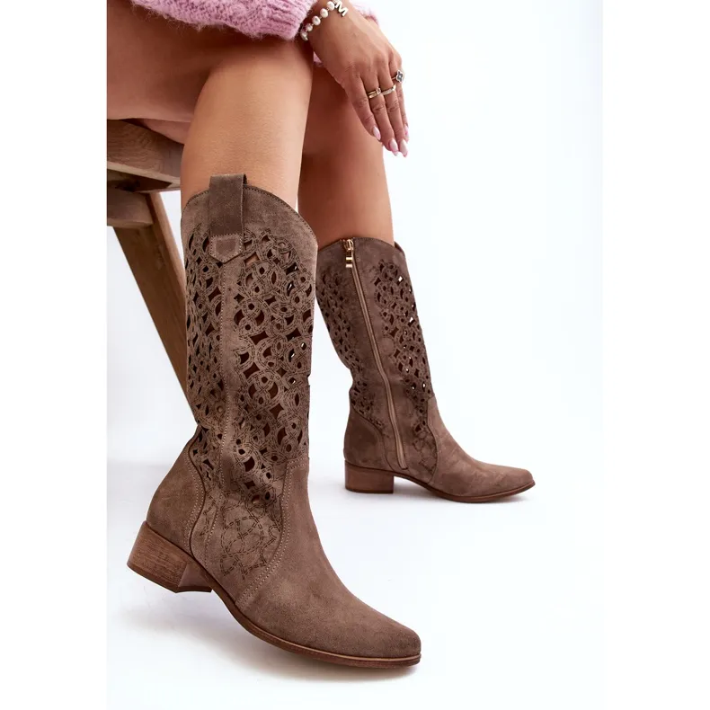 Zazoo 3403 Bottines ajourées à talons bas pour femme, beige foncé